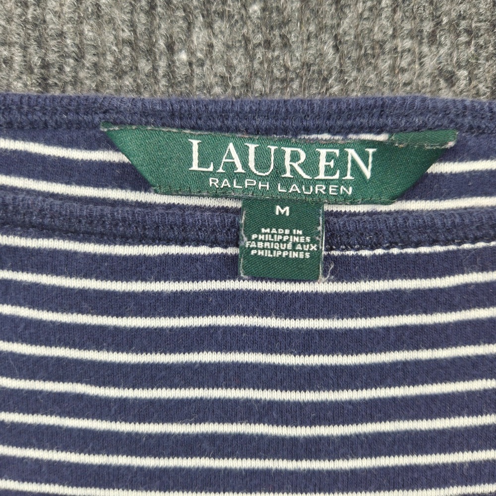 Lauren Ralph‎ Lauren Striped T-Shirt Womens M Blue White Nautical Lace Up detail